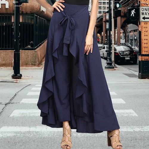 Women Chiffon High Waist Harem Pants Bowknot Wrap Belted Ruffle Frilled Palazzo - Picture 15 of 16