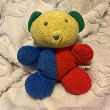 Vintage Eden Teddy Bear Plush Baby Rattle Toy Primary Colorblock Terry cloth