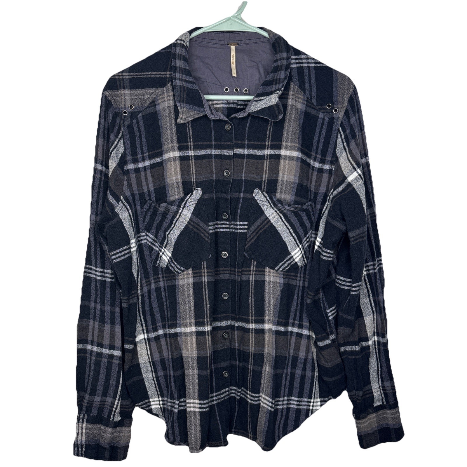 Free People Flannel Button Up Shirt, Womens Size L, Gray Black Plaid