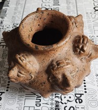 Antique Handmade Clay Pot Or Vase With Perpetual Faces, Pre Colombian Pottery 
