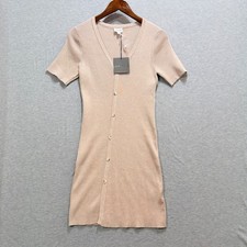 Le Lis Ribbed Knit Mini Dress Womens M Beige Button Applique Bodycon Neutral