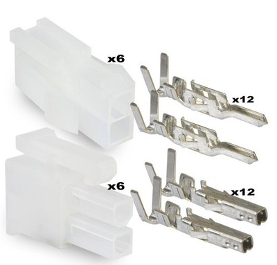 Molex 2 Pin Connector Lot, 6 Matched Sets, W/18-24 AWG W/Pins Mini-Fit Jr