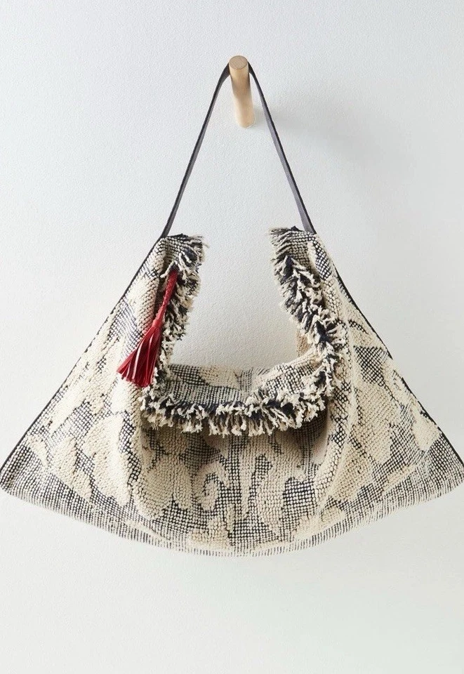 Free People Miramar Carryall Bag Textured Print Tassel Fray Slouchy Azulejos NWT - Image 2 of 4