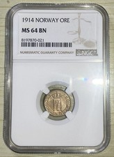 Norway 1914 1 Ore Haakon VII Early Date Bronze BU Coin NGC MS 64 BN Km#367