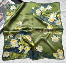 100 Mulberry Silk 20" Square Scarf Women Neckerchief Wrap Green flowers Print