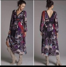 Anthropology Let Me Be Dress Black Floral Chiffon Maxi Boho V Neck Long Sleeve M