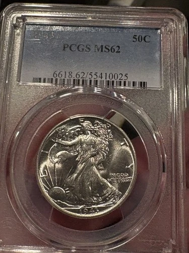 1943 Walking Liberty Silver Half Dollar 50c PCGS MS62 , Beautiful Luster