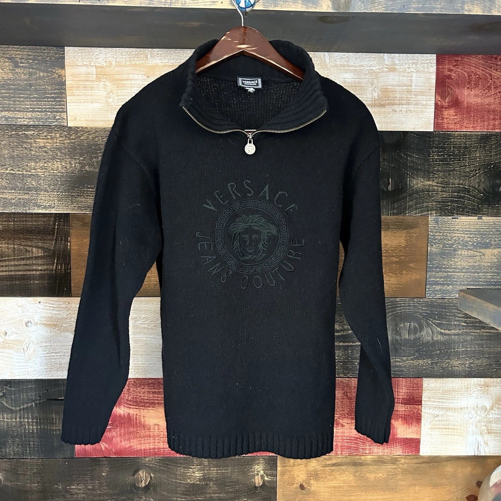Versace Jeans Couture Logo Shirt Sweater Quarter Zip Wool Knit Size Small Men’s