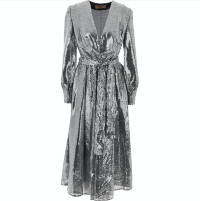 MSGM Silver Sequin Belted Midi Dress - UK 4/IT 36 - £750