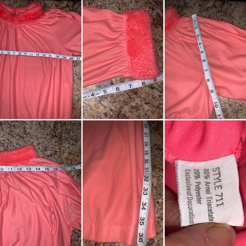 Vintage Neon Satin Sexy Fleece Caftan Lounge Fur Coral Gown Hostess Robe Set S - Picture 12 of 12