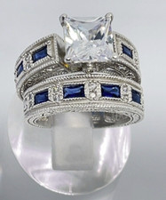 Sterling Silver Blue and White Cubic Zirconia 2 Piece Ring and Band Set Size 7