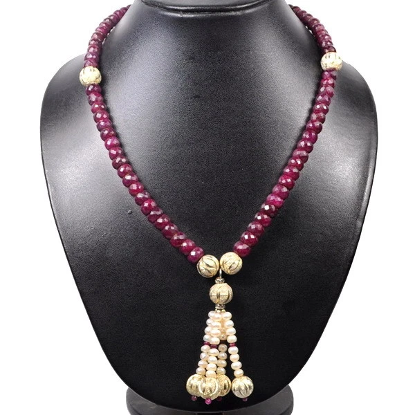 460 Cts Fresh Water Pearl Red Ruby Round Faceted Beaded Single Strands Necklace