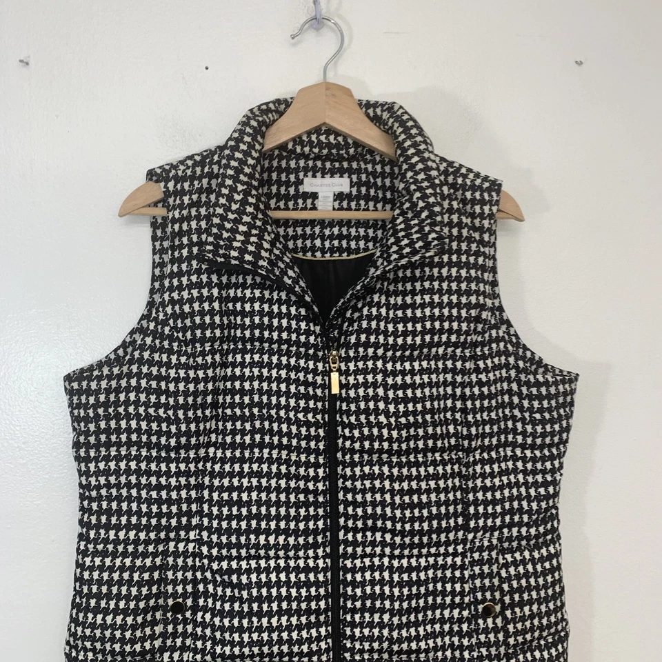 Chaleco acolchado Charter Club mujer grande cremallera completa negro pata de gallo bolsillos empaquetable Foto 2 de 4