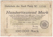 *NOTGELDSCHEIN*Stadt PENIG*100.000 Mark*8.8.1923*