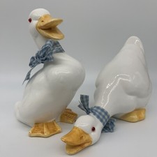 Vintage White Ceramic Geese Pair Taiwan w/ Gingham Bows Red Eyes 1980s Decor