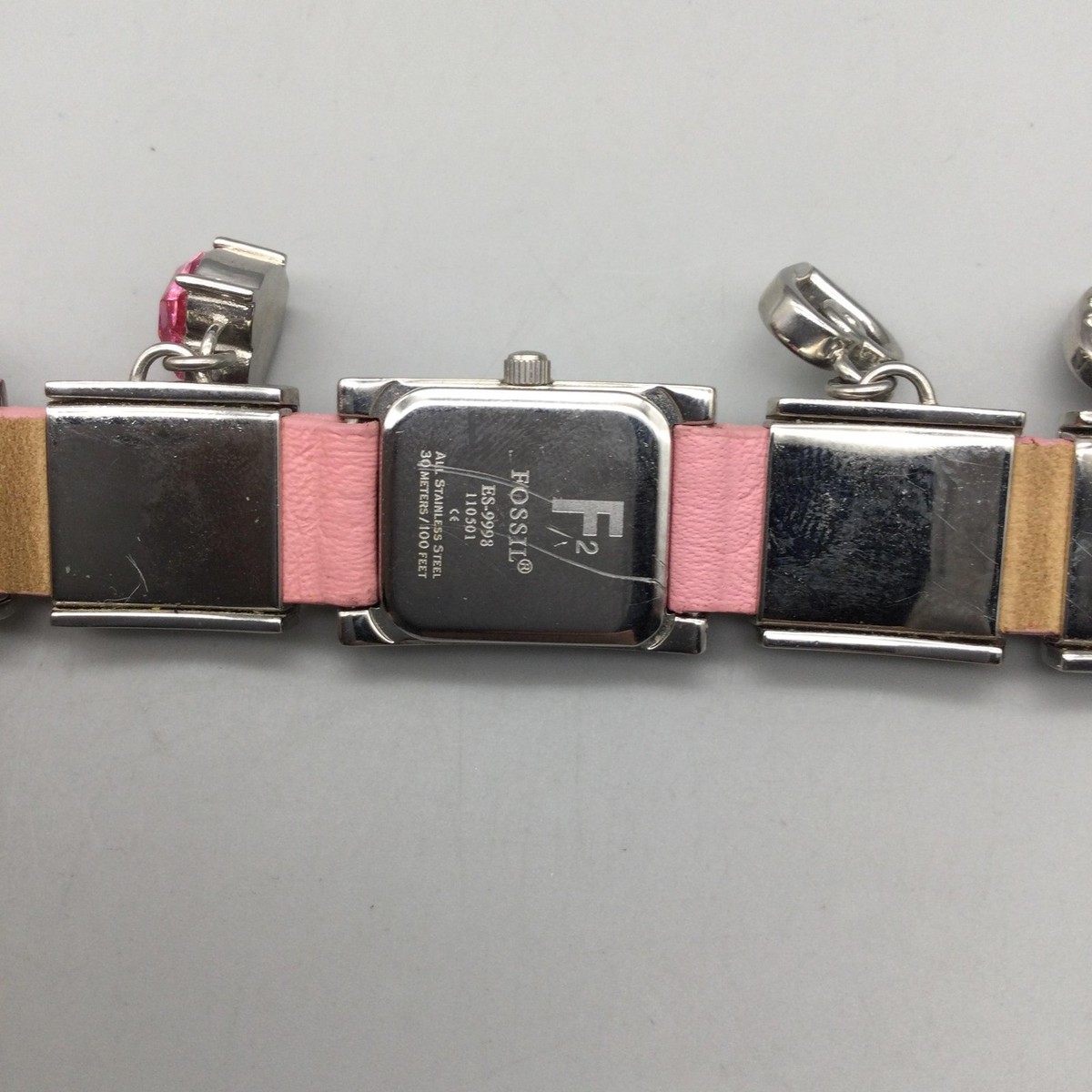 10/$20 Fossil F2 ES9901 Silver/Pink/MOP Rhinestone Leather Women\'s Watch w/Date Fossil F2 Womens Watch 12mm Pink Heart Dial Charms Leather  main image 2