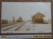 RPPC posted 1914 WABASH RAILROAD Depot, HAMILTON, INDIANA. Postcard REAL PHOTO
