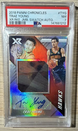 2018-19 Panini Chronicles Trae Young XR Rookie Jumbo Swatch Auto /50 PSA 7