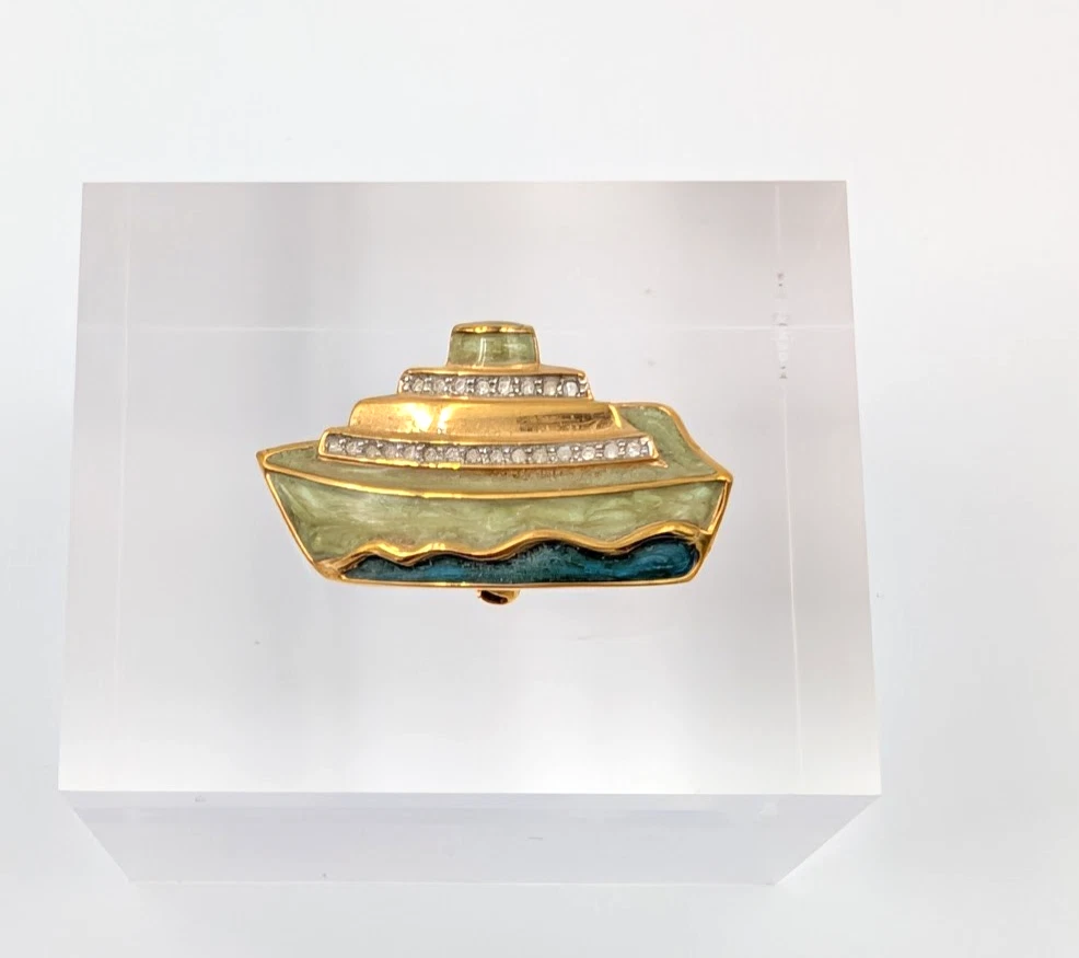 VTG Swarovski Cruise Ship Boat Pin Brooch Pave Gold Tone Nautical