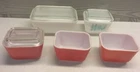 5 VTG PYREX Refrigerator Dishes And 3 Lids 2-Amish 3-Red  Lids have chips USA Ma
