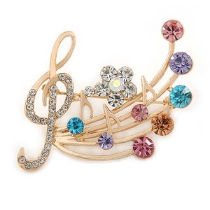 Authentic Gold Plated Multicoloured Crystal Musical Notes Brooch - 45mm L