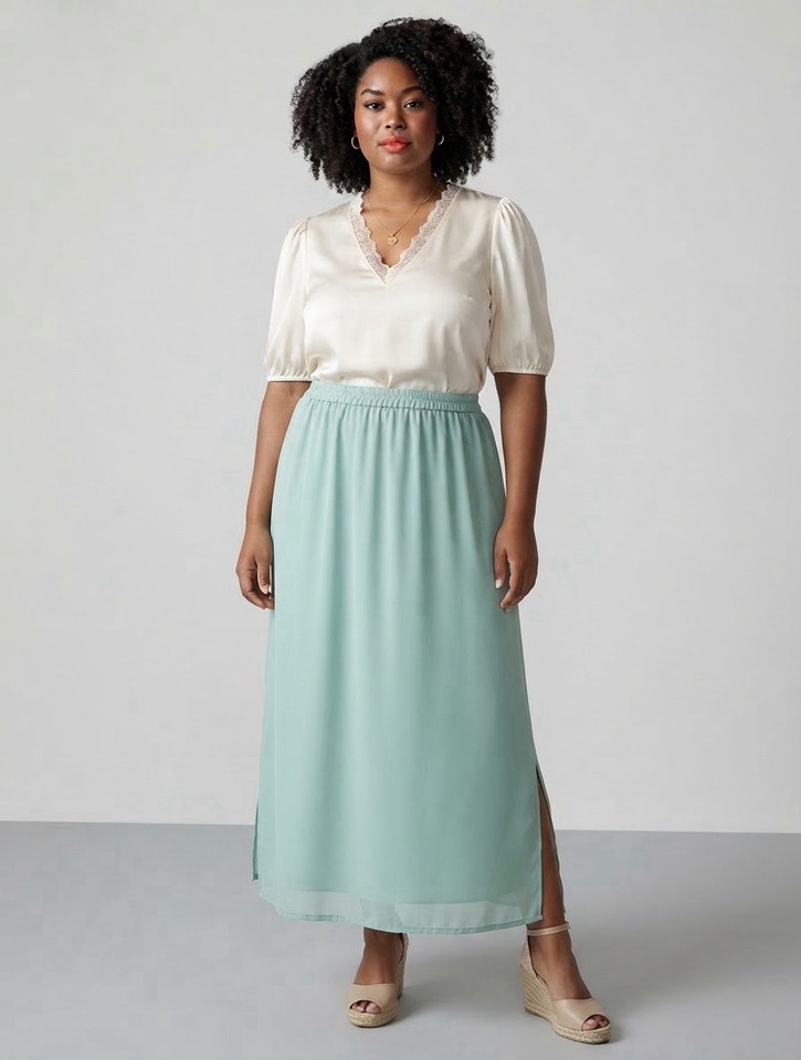 Vintage 2X Aqua Mint Maxi Skirt 100% Polyester Lined Pockets Elastic Waist