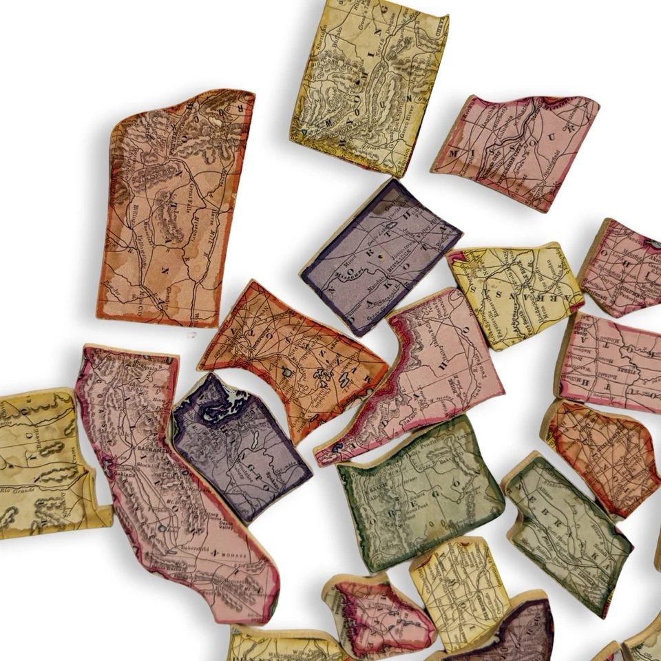 1915 Parker Brothers USA Map Jigsaw Puzzle Chipboard Faux Alligator Green Back - Image 4 of 4