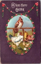 Postcard Easter Chics inside pink rose garland border on purple background 1910