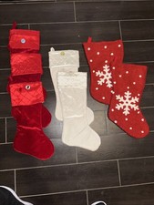 Lot of 7 Fabric Christmas Stockings 5 Red  2 White Snow Flake Plain Red /white