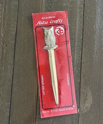 Vintage Heavy Solid Brass Owl Letter Opener India Antique Lacquered New!