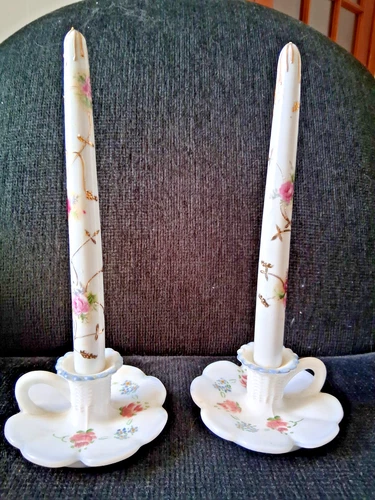 Lovely Vintage Hand Painted Kemple Milk Glass Chamber Candle Candlestick Holders