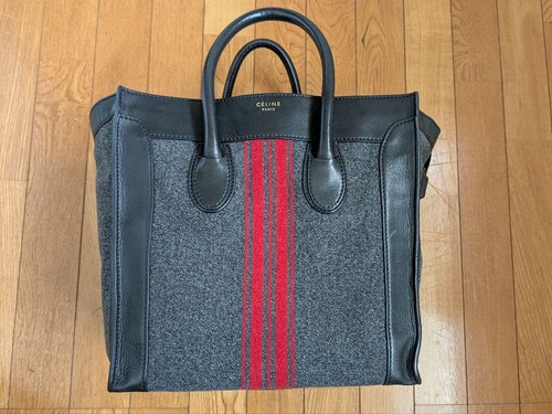 CELINE Luggage Medium Racer Stripe Tote Gray Wool Leather