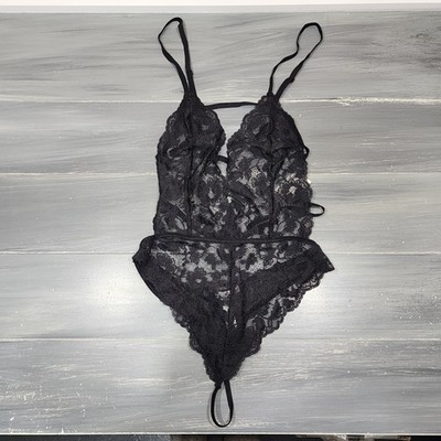 Linea Donatella Womens Black Floral Lace Teddy Thong Bodysuit Lingerie Small