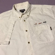 Woolrich Button Up Fly Fishing Shirt Men's Size XL Ivory Embroidered Lures