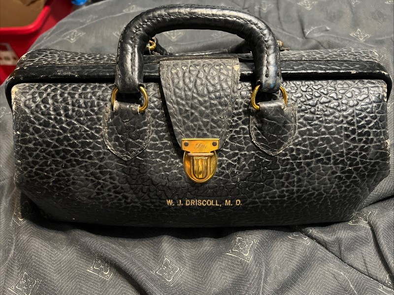 Antique Eli Lilly Black Leather MD Doctor Bag Medicine Vintage Travel USA