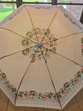 Vintage Floral Striped Umbrella Black/tan With Colorful Flower Pattern