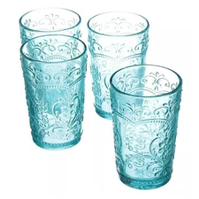 Set Of 4 Amelia Tumbler 15.22 Oz Beer Water Drinking Glass Embossed Design Teal