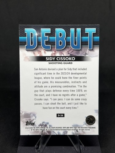 Sidy Cissoko 2023-24 Topps Finest Debut Blue Refractor /150 #D-26 Spurs Rookie - Bild 2 von 2
