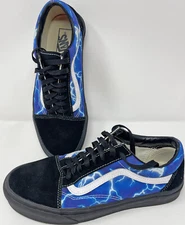 VANS Old Skool Off The Wall Skate Shoes Men 8.5 Women 10 BLACK BLUE LIGHTNING