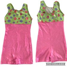 Girls M SNOWFLAKE DESIGNS Gymnastics Dance Unitard Pink Green Foil Leotard Girls