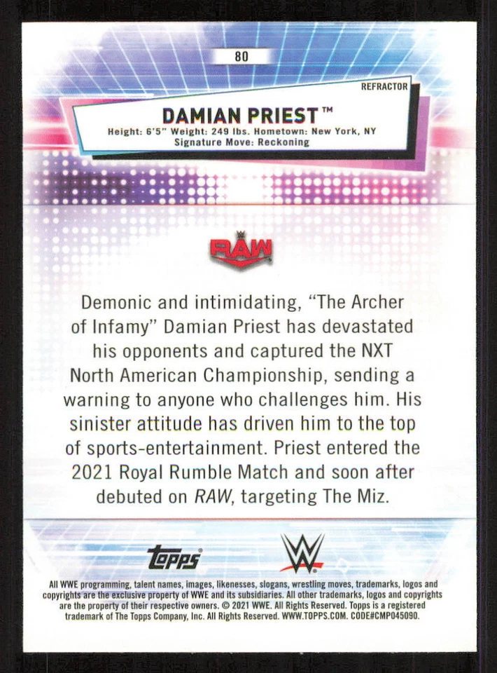 2021 Topps Chrome WWE Refractors #80 Damian Priest - Image 2 of 2