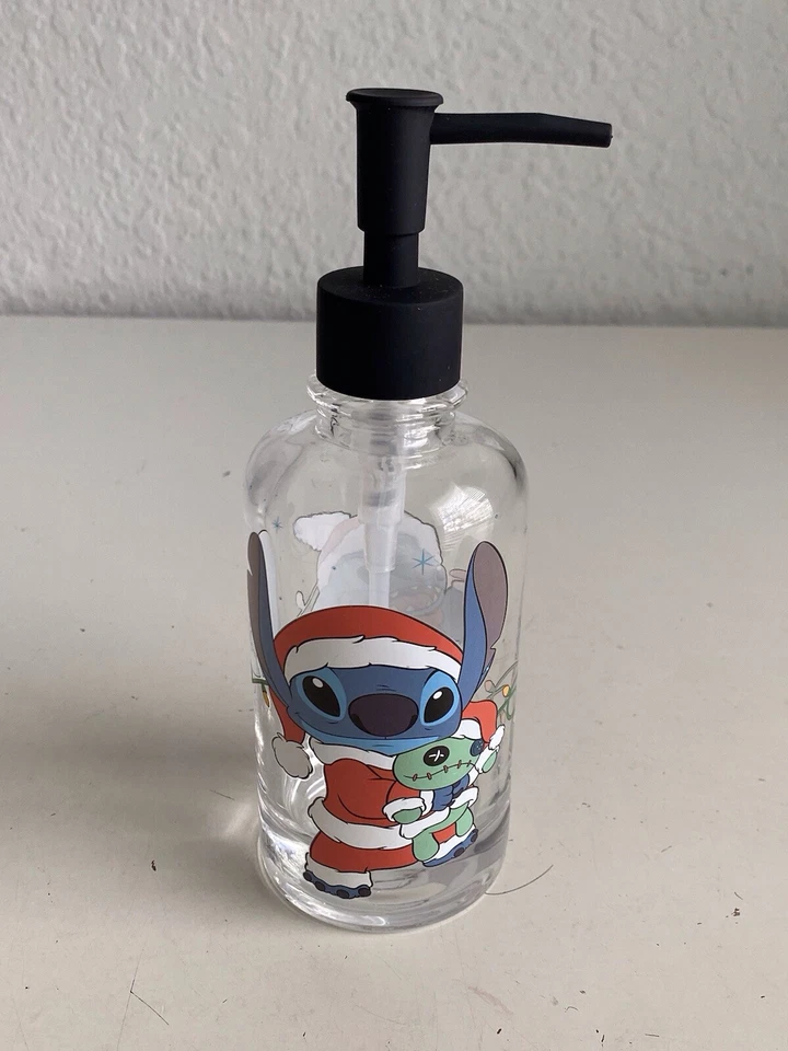 Disney Stitch & Scrump Christmas Santa Hat Soap Dispenser Clear Glass NEW - Image 2 of 4