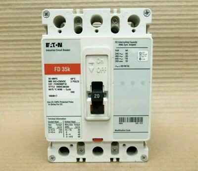 Eaton Cutler-Hammer FD FD3020BP10 3 Pole 20 Amp 600V Circuit Breaker FD3020