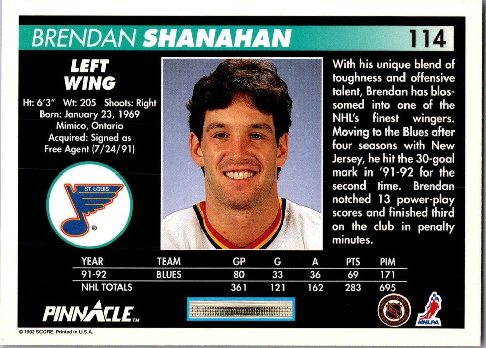 1992-93 Pinnacle - #114 Brendan Shanahan - Image 2 of 2