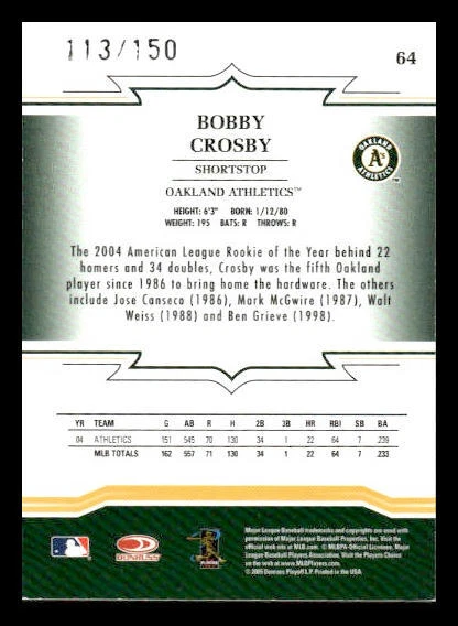 2005 Donruss Throwback #64 Bobby Crosby /150 Blue Century Proof Athletics - Image 2 of 2
