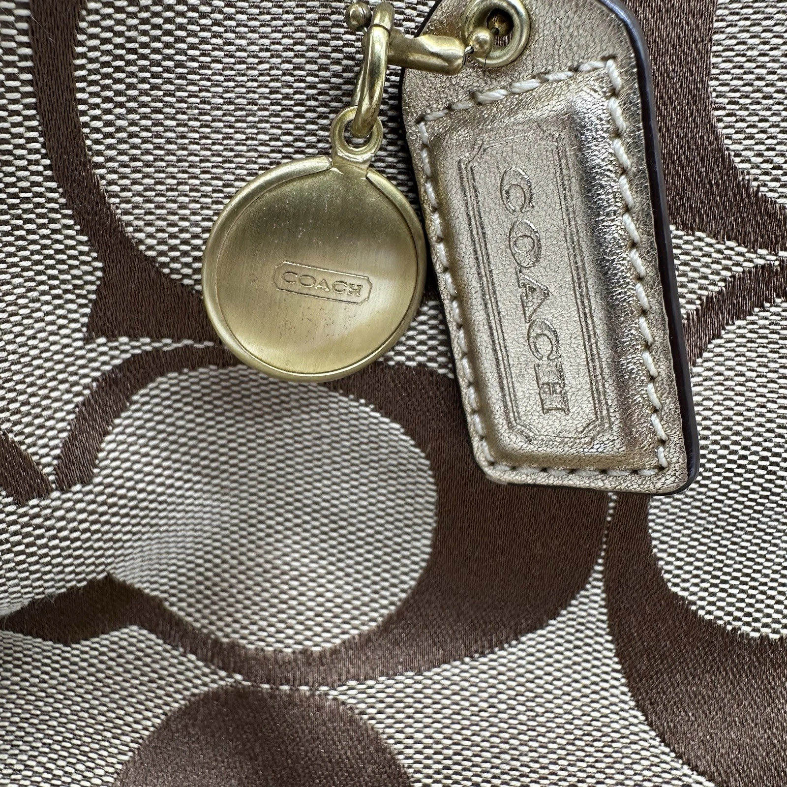 Borsa Coach Signature a righe kaki e cremisi tela pelle tote bag vintage nuova con etichetta