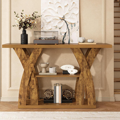 Rustic 55-Inch Farmhouse Console Table with 3-Tier Storage - Tiger Brown