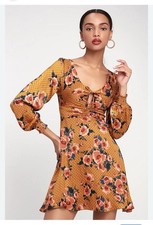 Free People Morning Light Golden Yellow Print Long Sleeve Mini Dress- Size 6