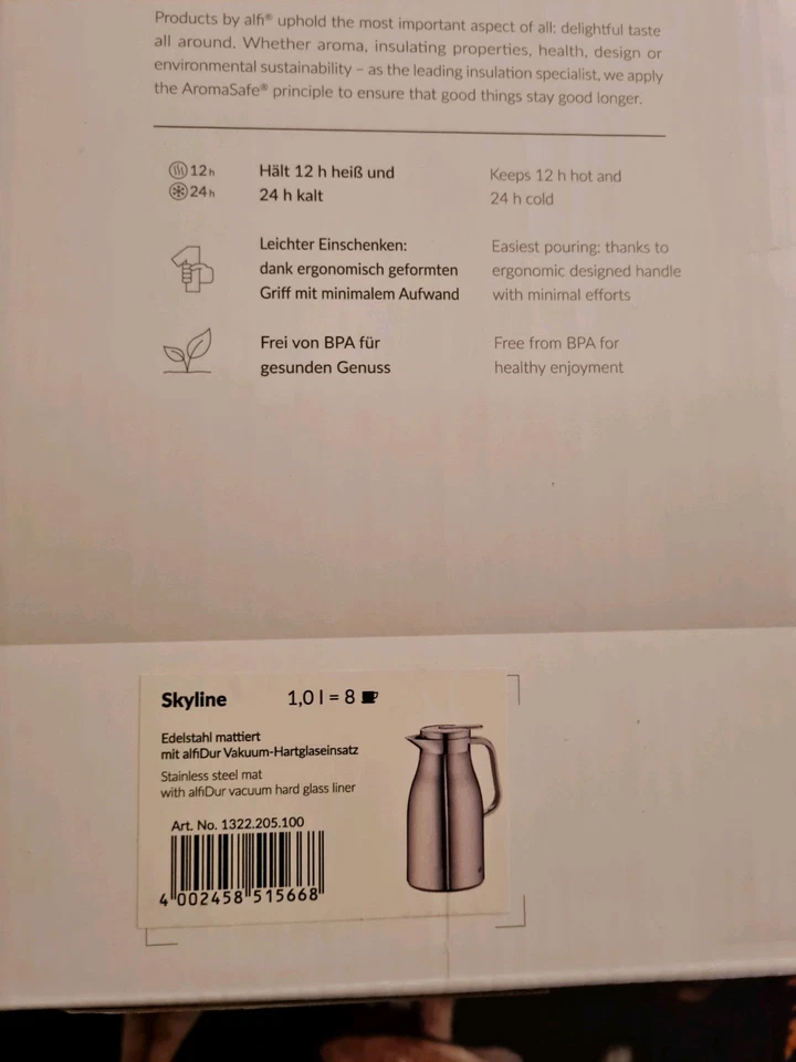 Alfi Isolierkanne Skyline, Thermokanne, Edelstahl, Stainless Steel Matt, 1 L - Bild 2 von 3
