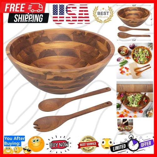 Salad Bowls, Wooden Salad Bowls Set, Large Acacia Wood Serving Bowl for Fruit...